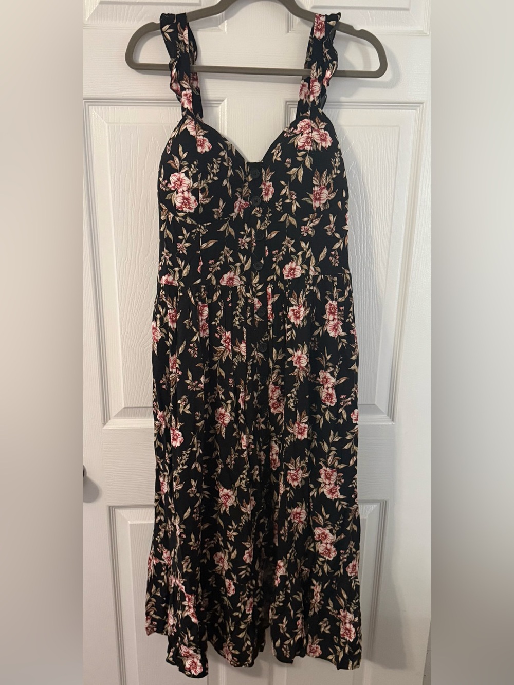BOG Collective Black Floral Maxi Dress with Pink Rose Print and Ruffle Straps XL